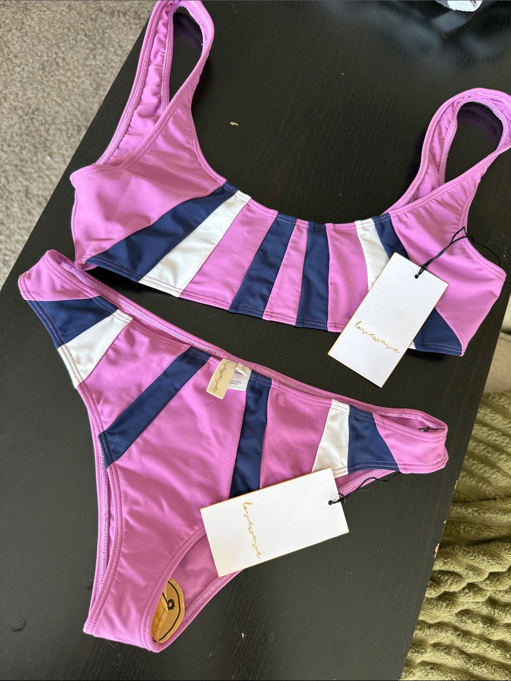 ** REVOLVE + LOVEWAVE ** Lavender & Navy Striped Bikini Swim Set - M NWT